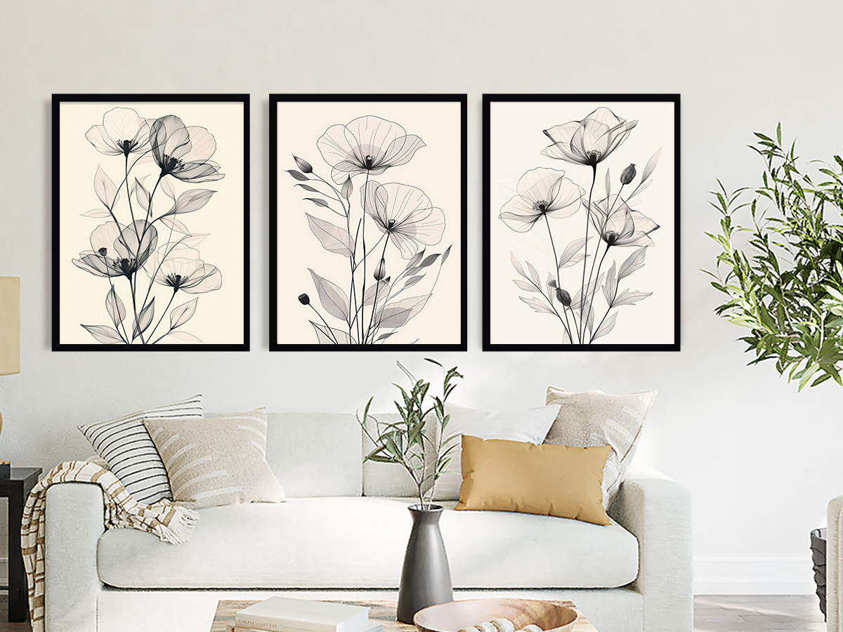 Framed triptych of serene botanical line art, calm neutral mood for a Perth bedroom
