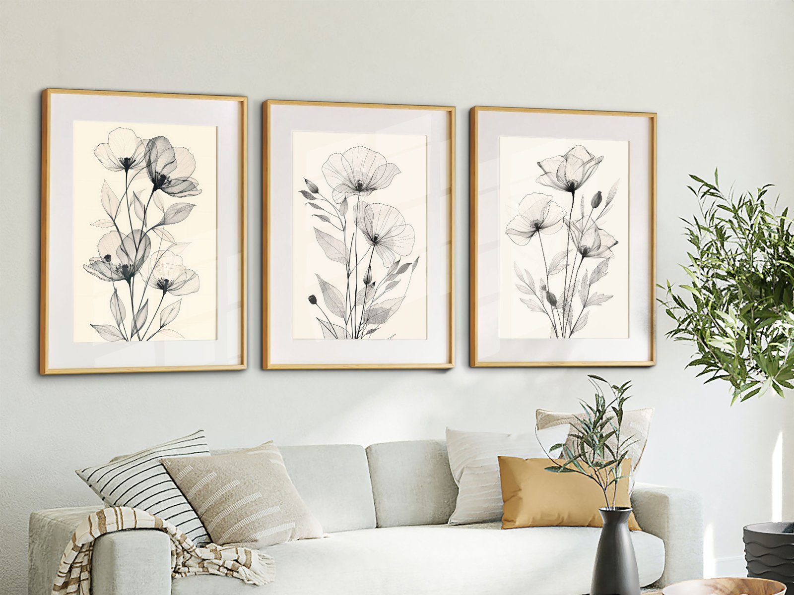 Elegant three-panel botanical line art set — framed wall art for Australian homes