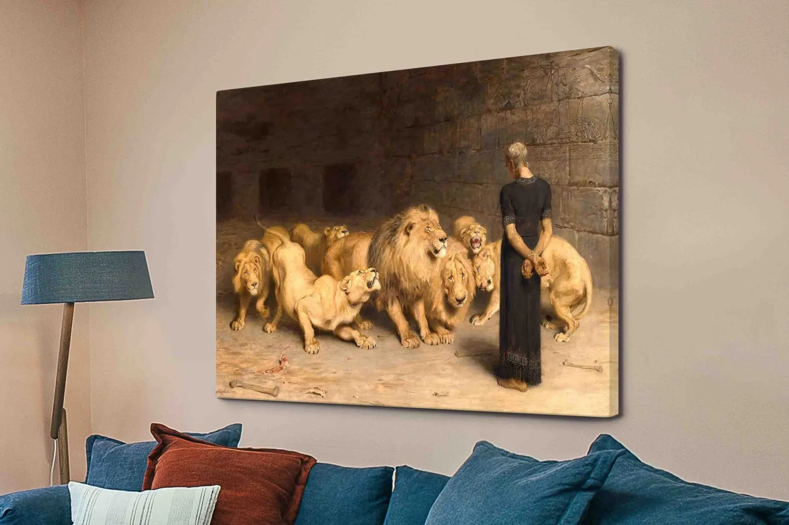 Canvas print of Daniel in the Lions Den by Briton Riviere, warm dramatic mood for a Perth study