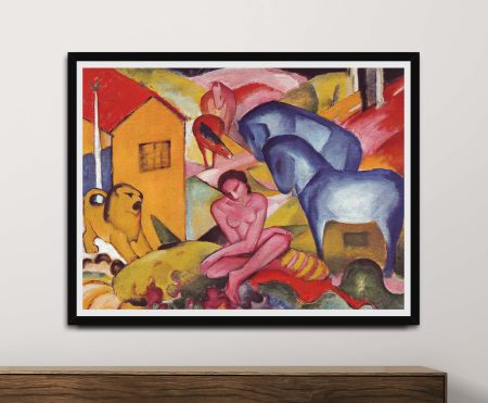 Franz Marc The Dream modern art print of a pink seated nude with blue horse, yellow lion and red rooftops in a black frame above a timber console