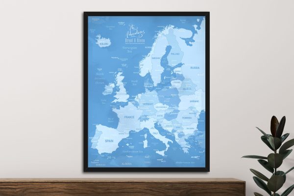 Map of Europe powder blue framed office canvas print pin map console plant