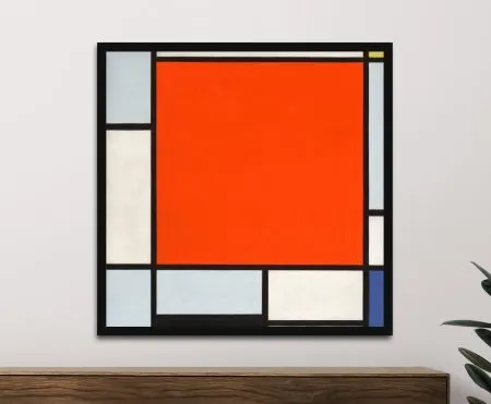 Framed print of Composition with Large Red Plane by Mondrian, bold primary palette