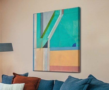 A canvas print of Ocean Park No. 79 featuring soft geometric blocks of turquoise, peach and blue intersected by a pale diagonal line, creating a sense of depth and quiet order.
