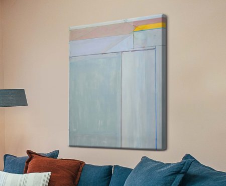 A canvas print of Ocean Park No. 54 featuring intersecting lines and pastel colour blocks in blue, grey and pink, forming a spacious and harmonious abstract design.