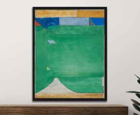 A framed canvas print of Richard Diebenkorn’s Ocean Park No. 27 showing a large green field, blue and ochre sections and fine red lines forming a calm geometric composition.