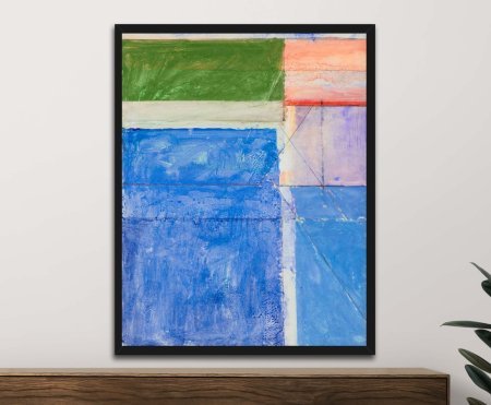 A framed canvas print of Ocean Park Study in Blue and Green, displaying bold blue fields, a green upper band and soft pastel accents, ideal as an art gift.