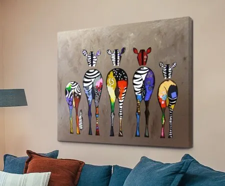 Psychedelic Zebra Art canvas print of five colourful patterned zebras