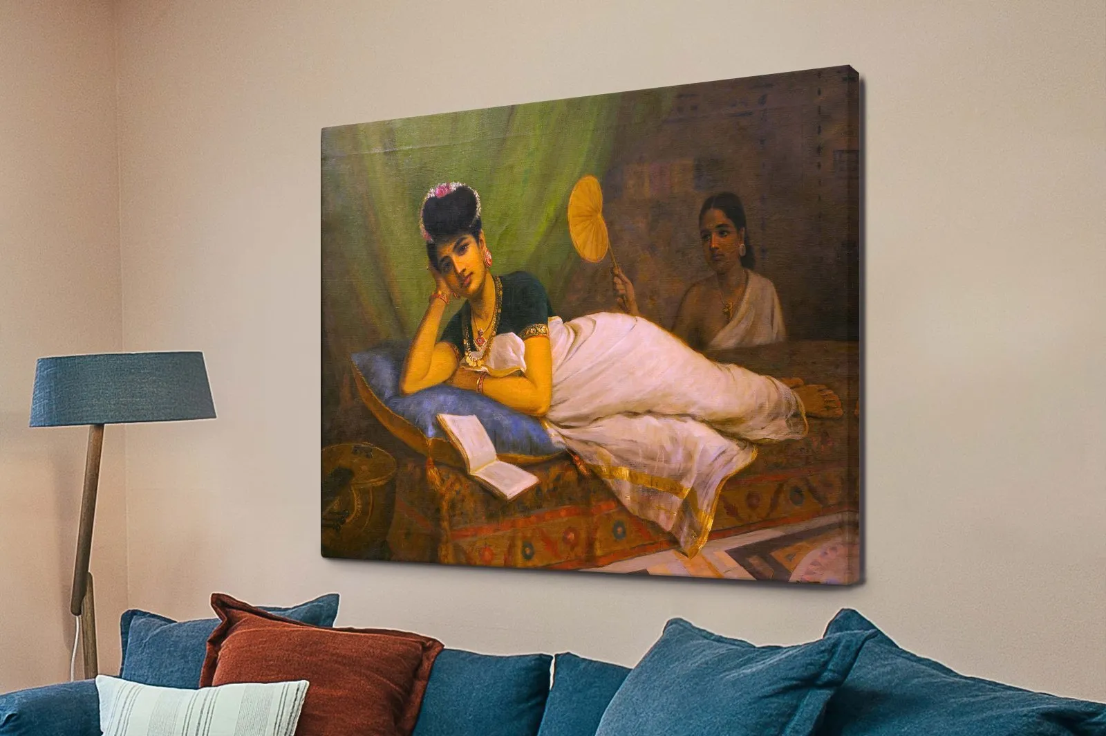 Canvas print of Reclining Woman by Raja Ravi Varma, golden tones for a Fremantle space