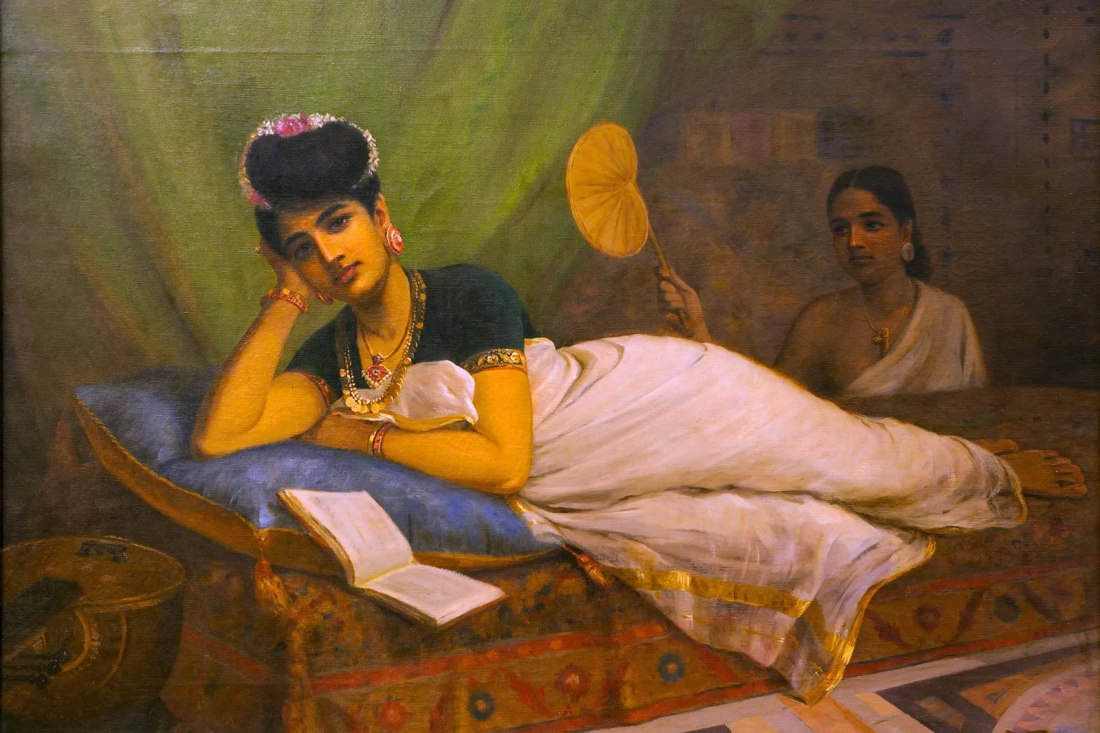 Canvas print of Reclining Woman by Raja Ravi Varma, warm jewel tones for a Perth lounge