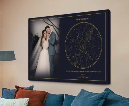 Starlit Memories personalised photo and star map canvas print in navy and gold above a sofa