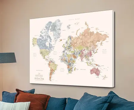 Pastel watercolour world map push pin travel map on canvas