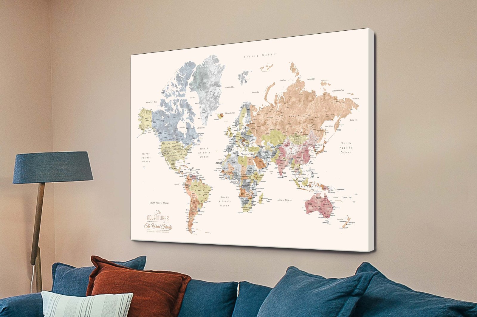 Pastel watercolour world map push pin travel map on canvas