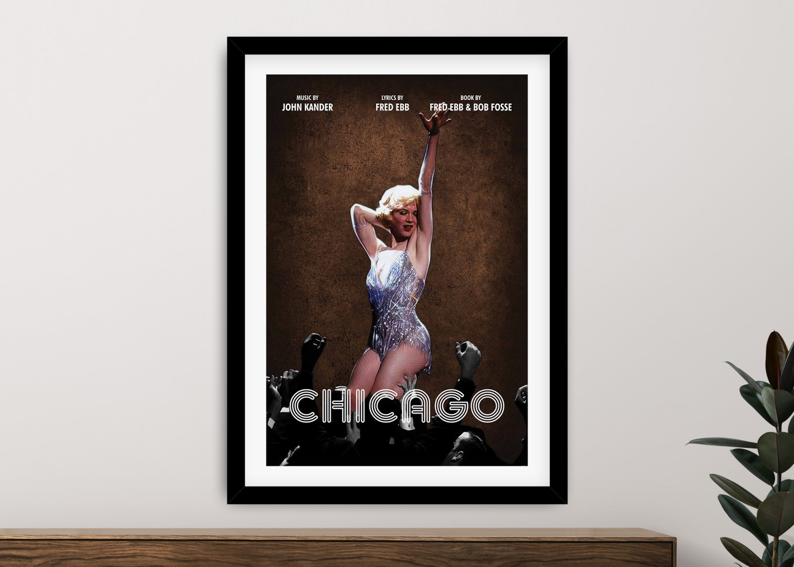 Framed wall art of Chicago Musical, glamorous 1920s stage tones, ideal for a Perth hallway.