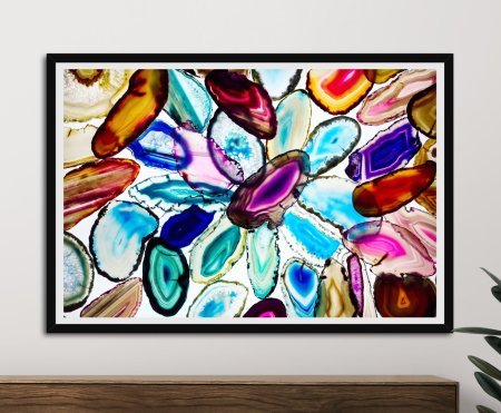 Crystals 1 by Elena Kulikova as framed wall art, sparkling purple mineral facets suited to a Perth lounge.