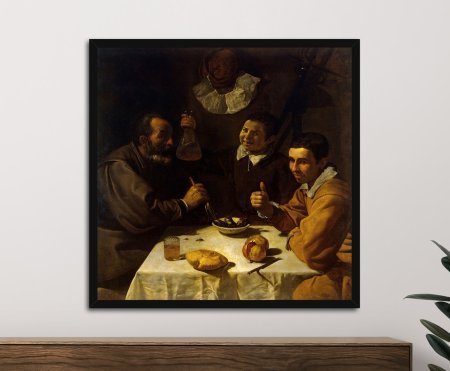 Velazquez's tavern lunch of three men sharing a modest meal, a warm genre art print