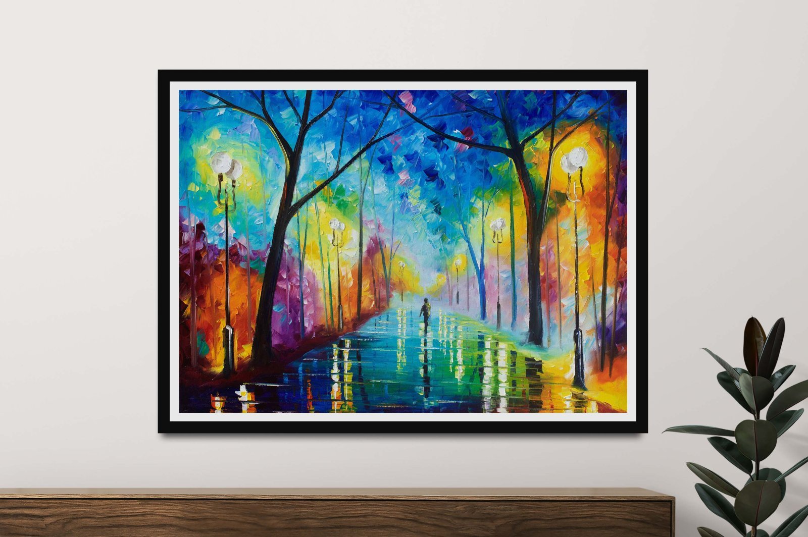 Afremov's misty park glowing with palette-knife colour, a vibrant impressionist art print