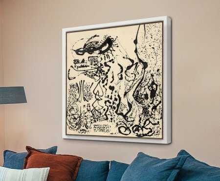 Pollock black and white poured art print with tangled monochrome drips crossing the surface