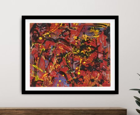 Fiery red composition by Pollock rendered as vivid abstract wall art