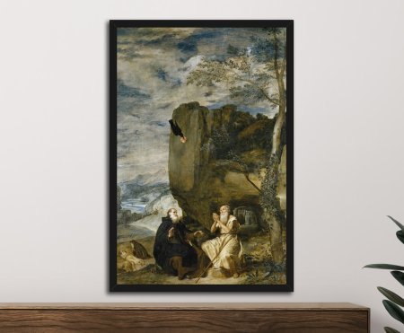 Two hermit saints meeting in a rugged wilderness, a devotional classical poster print