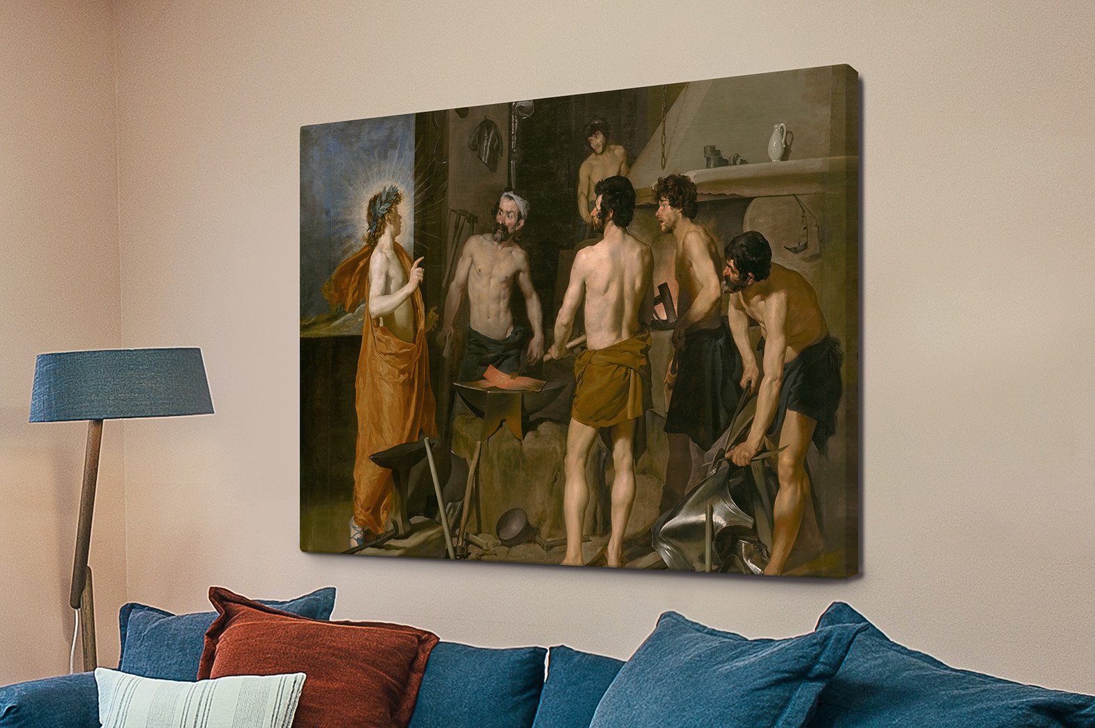 Velazquez's forge of Vulcan with smiths startled at the anvil, a dramatic collectable print