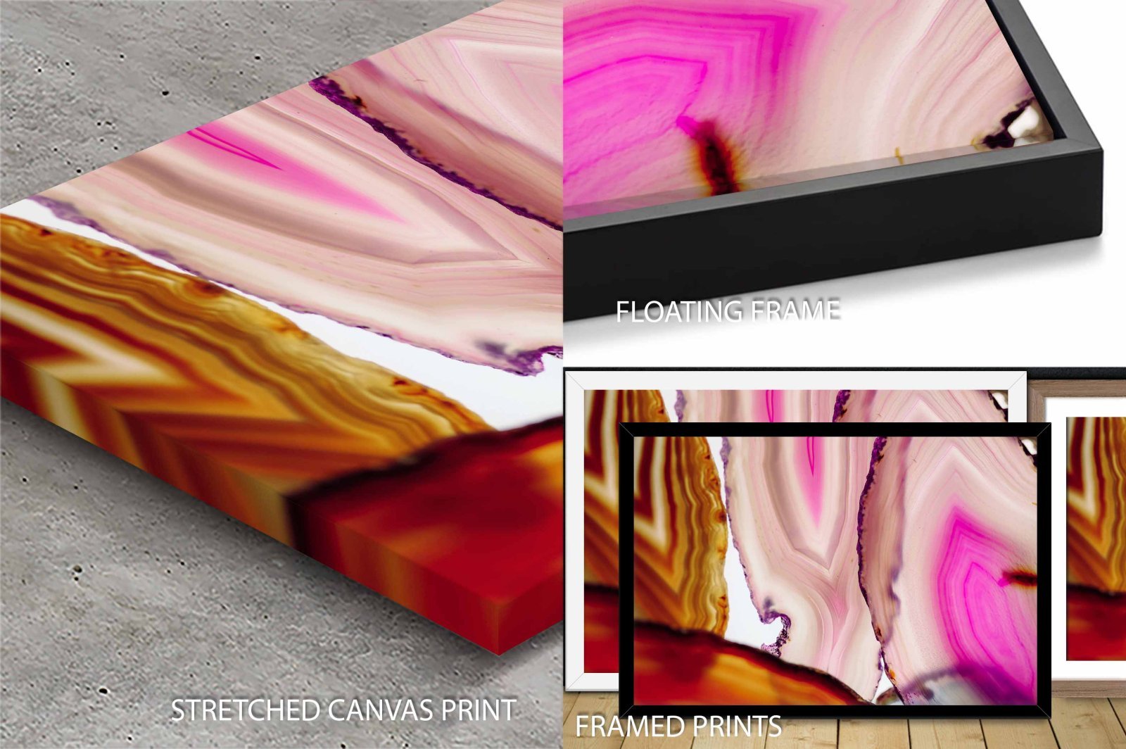 Agate 10 by Elena Kulikova, dark banded-stone abstract shown as canvas, framed and floating finishes for a Perth den.