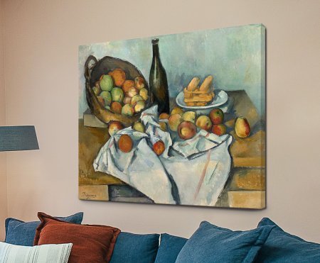 Stretched canvas of The Basket of Apples by Paul Cézanne, a warm still life of apples in ochre and russet tones