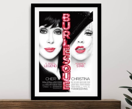 Framed wall art of Burlesque, glamorous showgirl palette of gold and deep crimson, ideal for a Perth lounge.