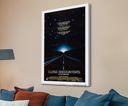 Stretched canvas of Close Encounters of the Third Kind, glowing sci-fi orange sky, suited to a Perth media room.