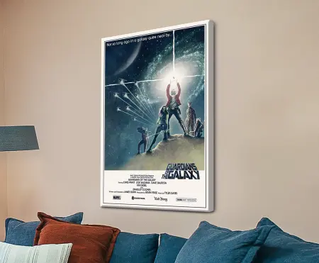 Stretched canvas of Guardians of the Galaxy, vibrant neon space palette, suited to a Perth media room.