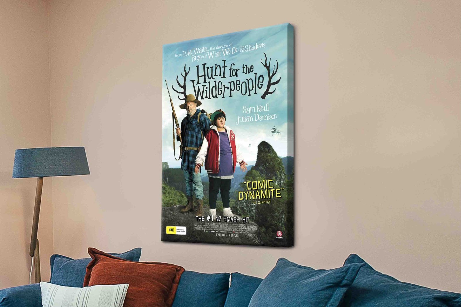 Stretched canvas of Hunt for the Wilderpeople, lush forest-green palette, suited to a WA living room.