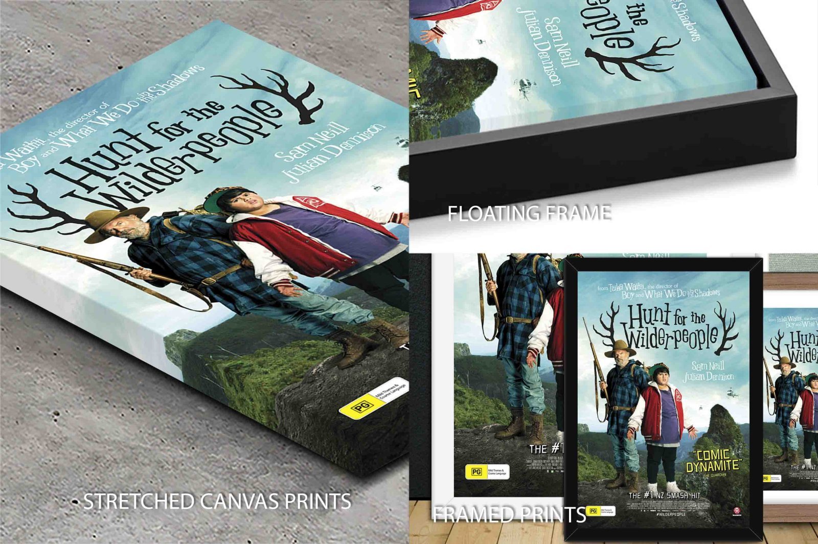 Quality print of Hunt for the Wilderpeople shown as canvas, framed and floating finishes, bush greens for a Perth lounge.