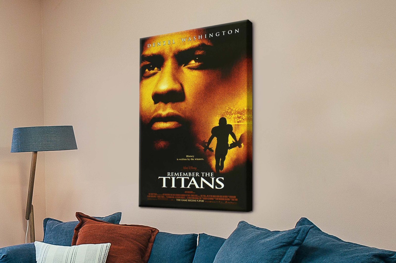 Angled stretched canvas of Remember the Titans, bold gridiron colour and edge wrap for a WA man cave.